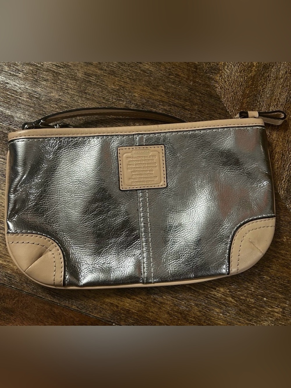 Coach Silver Metallic Leather Wristlet/Clutch, Good Used Condition
